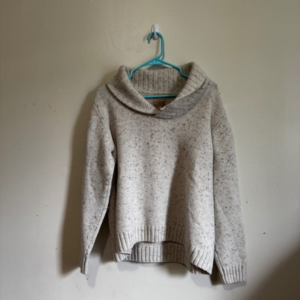Women's Lg Oatmeal Speckled Shawl‎ Collar Sweater Elbow Cottagecore Grandmacore